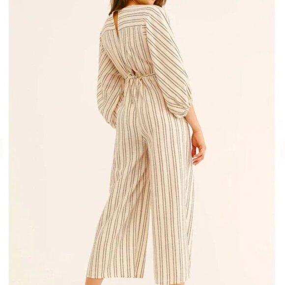 Free People Cream Brown Lightweight Kenny Striped One-Piece Jumpsuit Size Medium - Picture 2 of 11